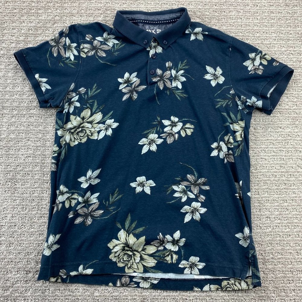Floral Polo Shirt Men Small S Navy Blue MBX Denim Wear All Over Print Casual